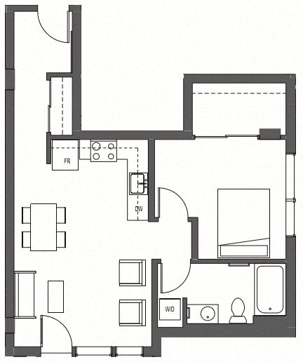 Floor plan for 1 bed, 1 bath, 679 sqft